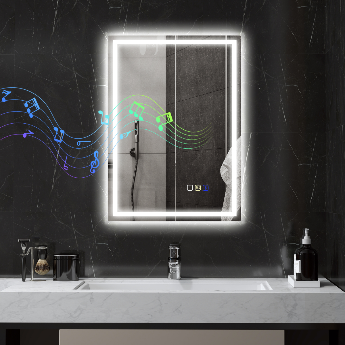 HOMCOM 70 x 50cm Bathroom Mirror with Bluetooth Speaker, LED Lights & Demister Pad – IP44, Silver Tone