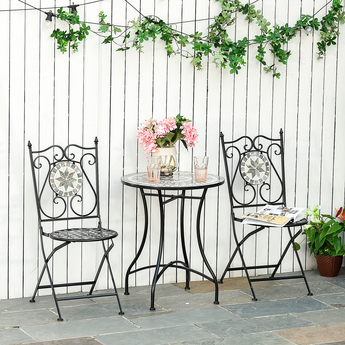 Outsunny 3-Piece Mosaic Tile Bistro Set with Folding Chairs – Compact Garden Patio Table and Chairs