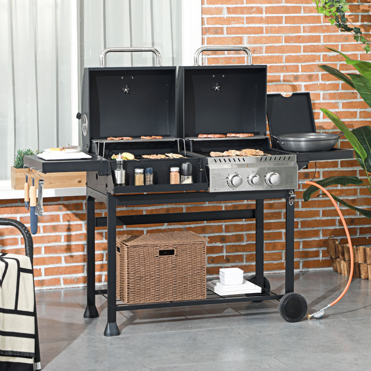 Outsunny Dual Fuel BBQ Grill with Wheels, Warming Racks and Thermometer – Gas and Charcoal Barbecue, Black