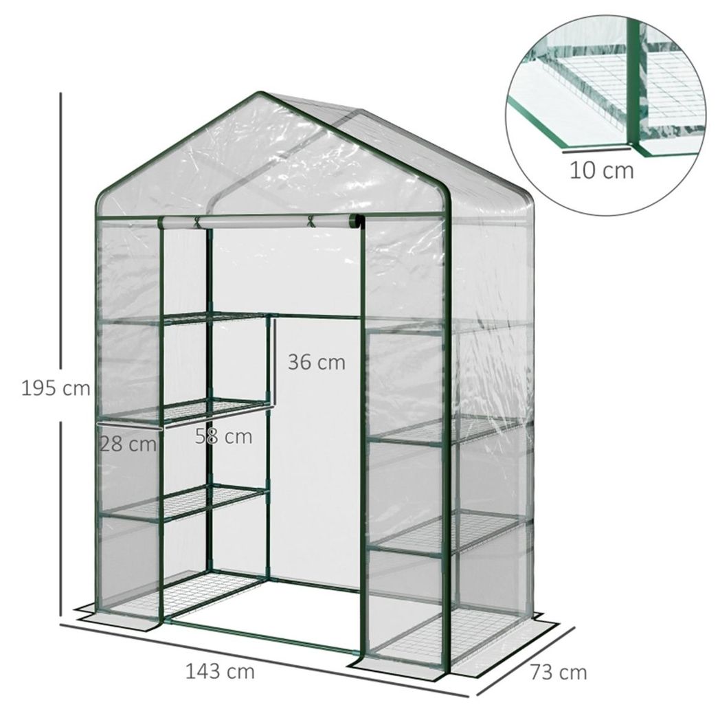 Walk-in Greenhouse with 4 Shelves, Roll-Up Zipped Door & Transparent PVC Cover – Garden Grow House, 143 x 73 x 195cm