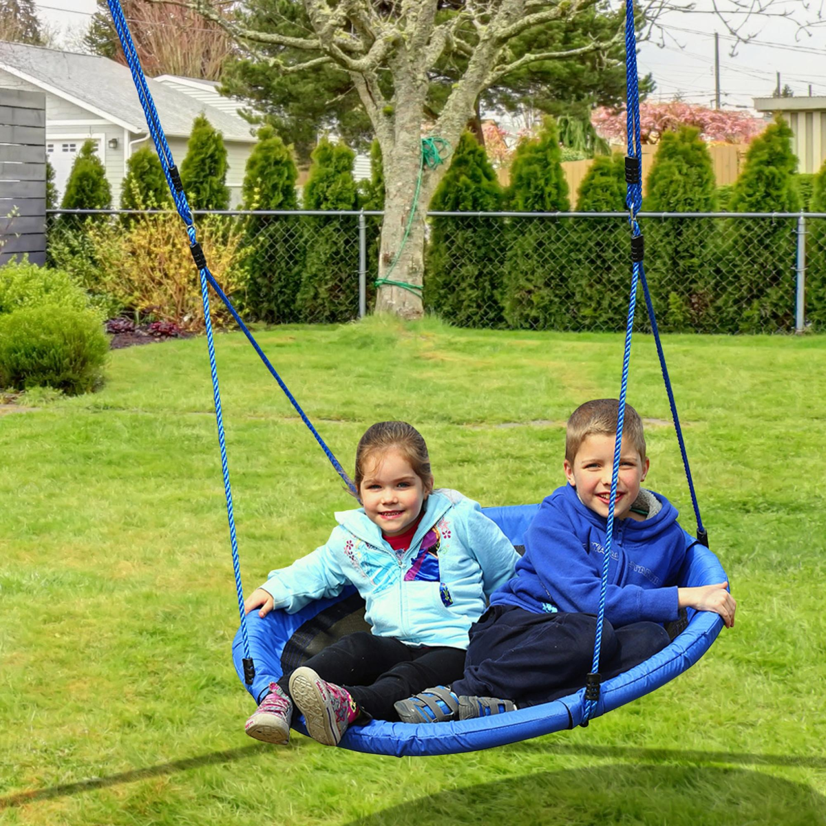 HOMCOM Round Nest Swing for Kids with Steel Frame and Oxford Seat – 100cm Saucer Swing for Playroom