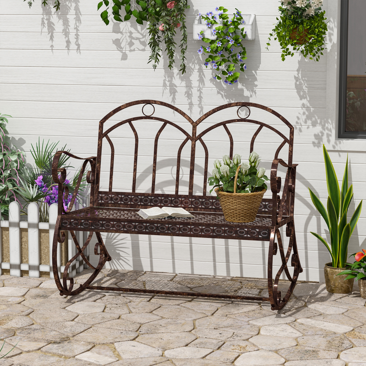 Outsunny Metal Rocking Bench for 2 – Garden Swing Loveseat with Hollow-Carved Seat, Bronze
