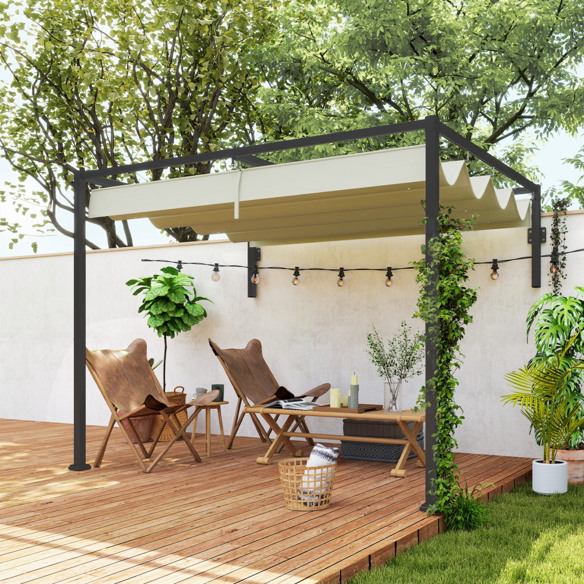 Outsunny 2 x 3m Wall Mounted Pergola with Retractable Sliding Canopy – UV-Protective Roof, Khaki