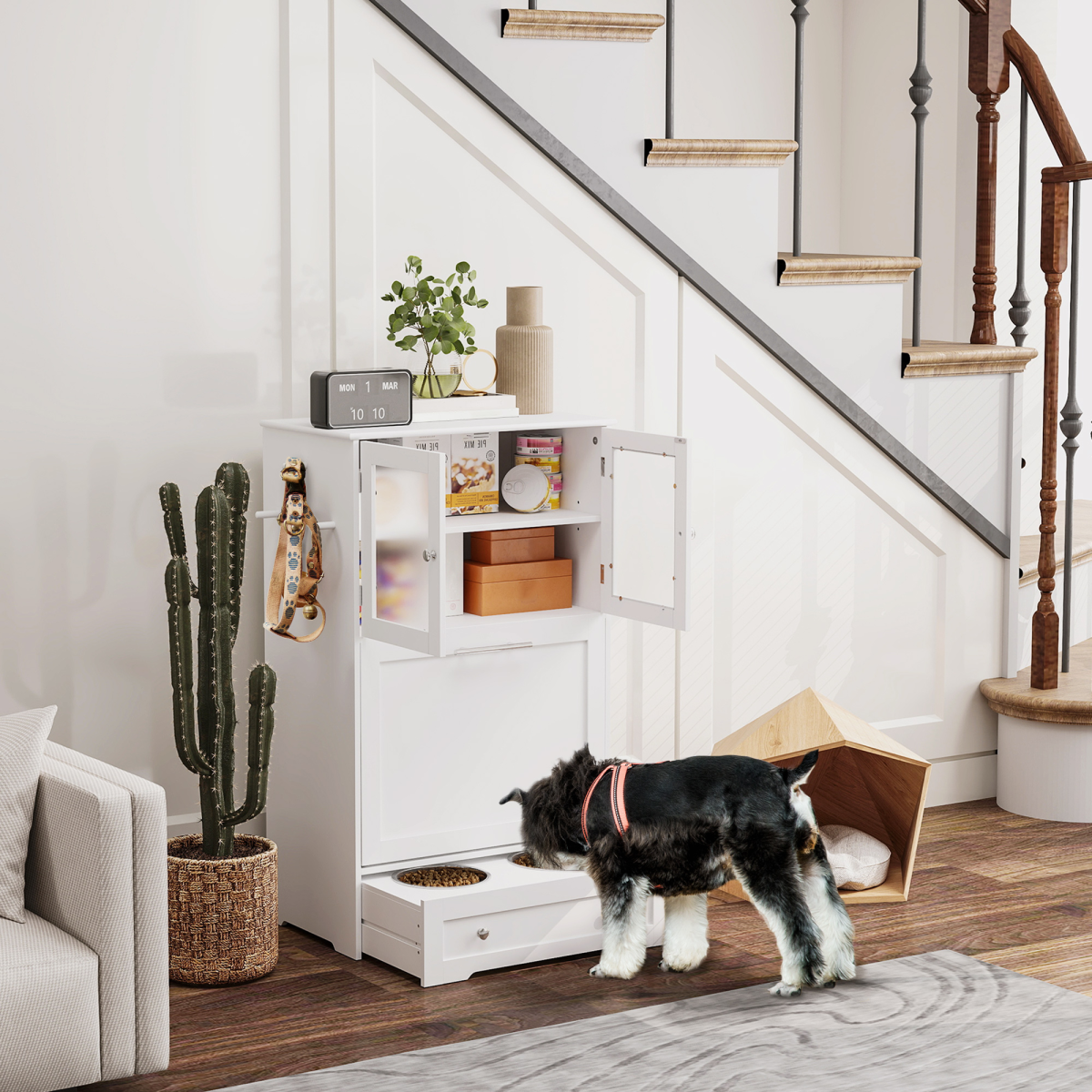 PawHut Dog Feeding Station with 2 Storage Cabinets, 2 Elevated Stainless Steel Bowls & Anti-Tip Kit, White