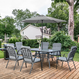 Outsunny 7-Piece Garden Dining Set with Glass-Top Table, Umbrella Hole & Cushioned Chairs – Steel Frame, Black