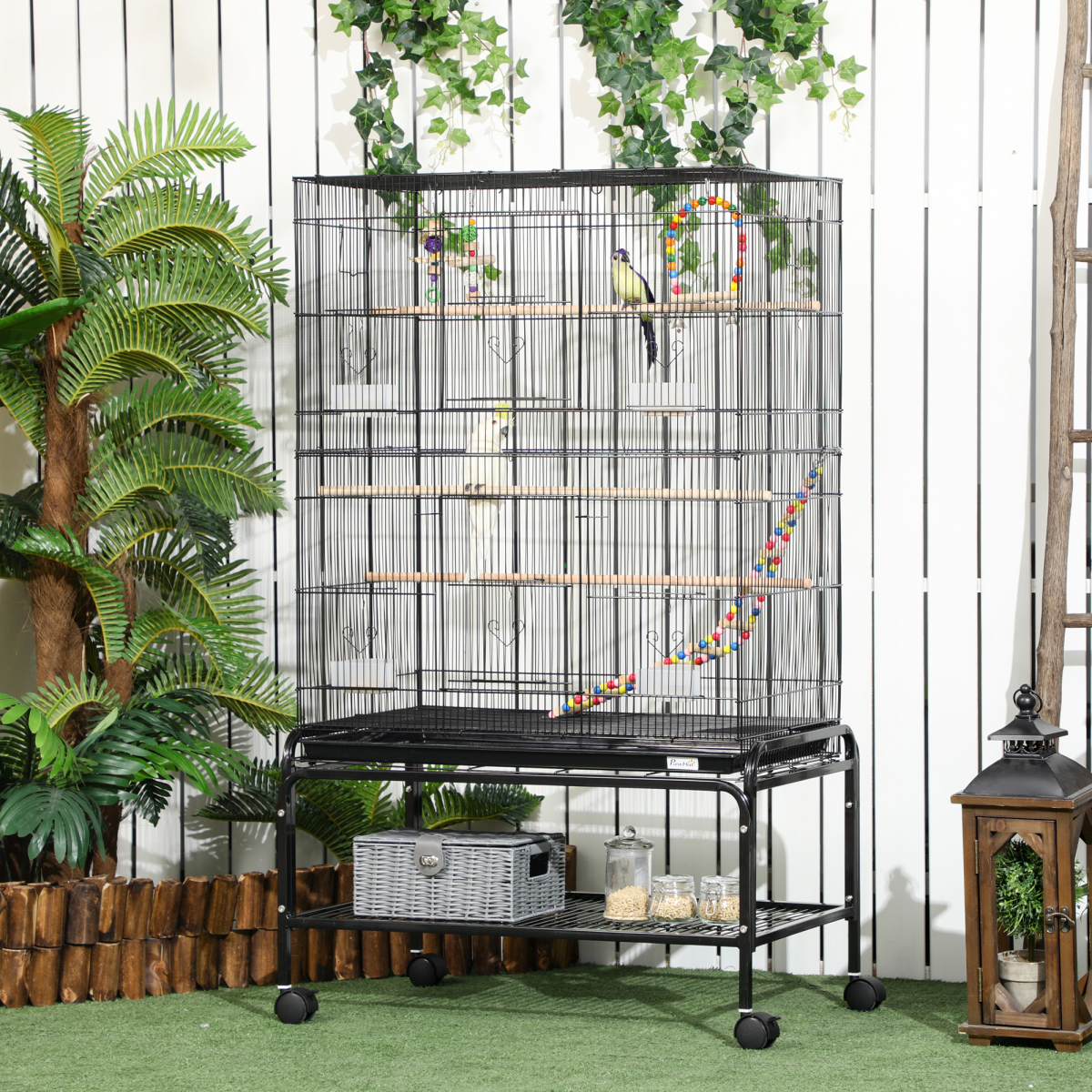 PawHut Bird Cage with Stand, Wheels, Toys & Swing – Steel Cage for Budgies, Finches, Canaries & Parakeets