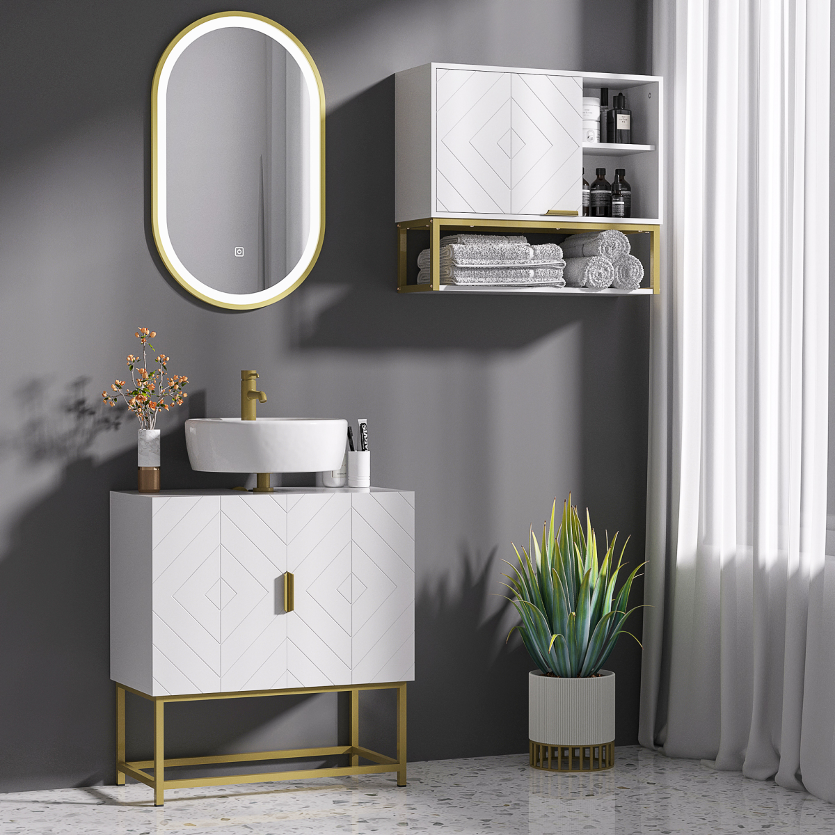 kleankin Under Sink Bathroom Cabinet with Double Doors & U-Shaped Cut-Out – Storage, White & Gold