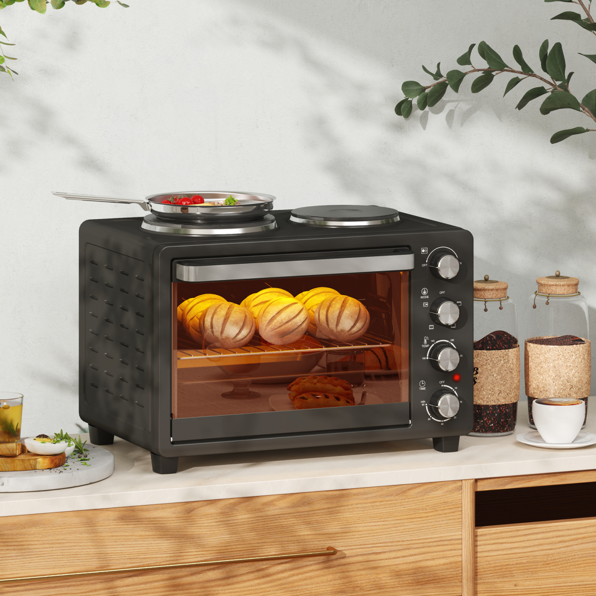 HOMCOM 28L Countertop Toaster Oven with 2 Hot Plates – Grill, Roast & Bake, 2600W