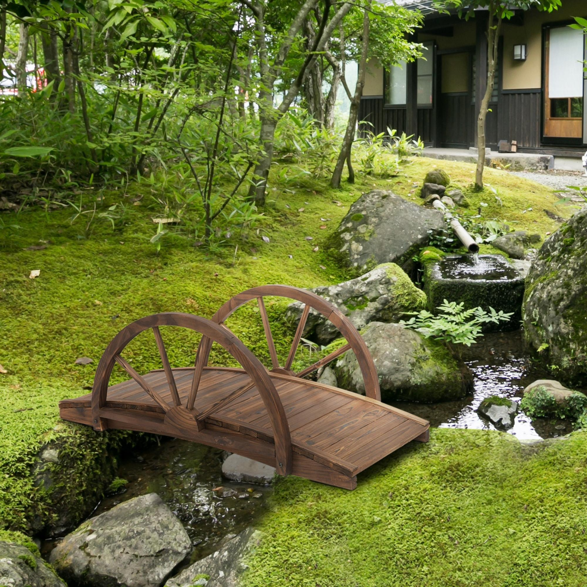 Outsunny Fir Wood Garden Walkway Bridge, 3.3ft / 1m with Half-Wheel Side Rails – Outdoor Pond Decor, Brown