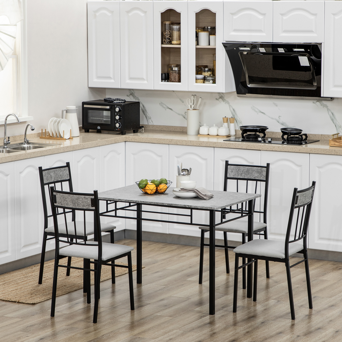 HOMCOM 5 Piece Dining Set with Marble-Effect Table & 4 Padded Chairs – Kitchen Table and Chairs, Light Grey & Black