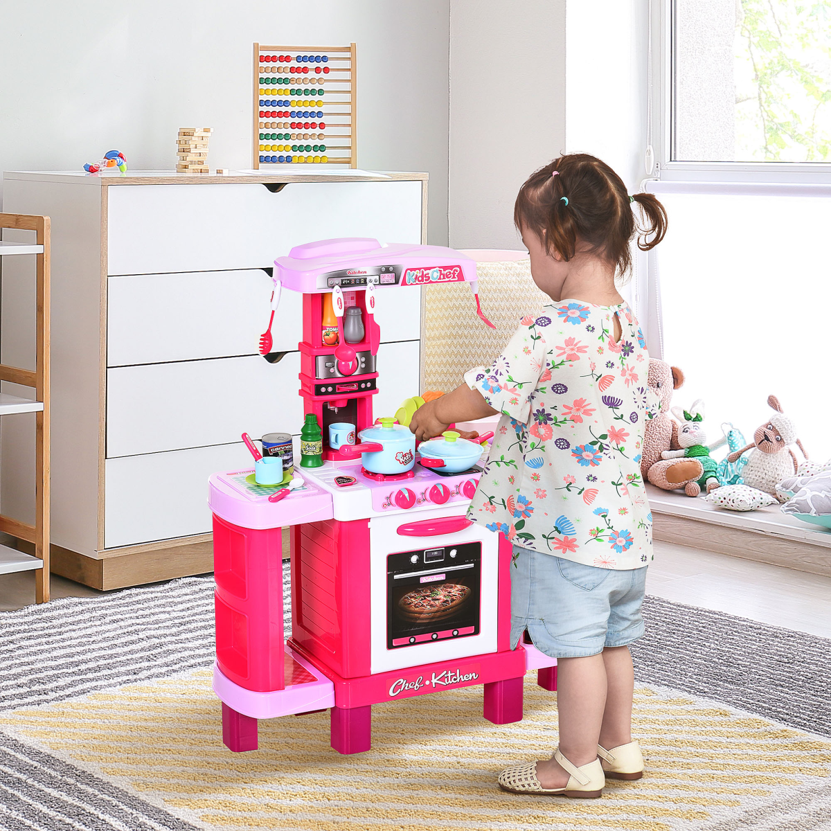 HOMCOM 38-Piece Kids Kitchen Play Set with Oven, Sounds and Lights – Role Play Toy, Pink