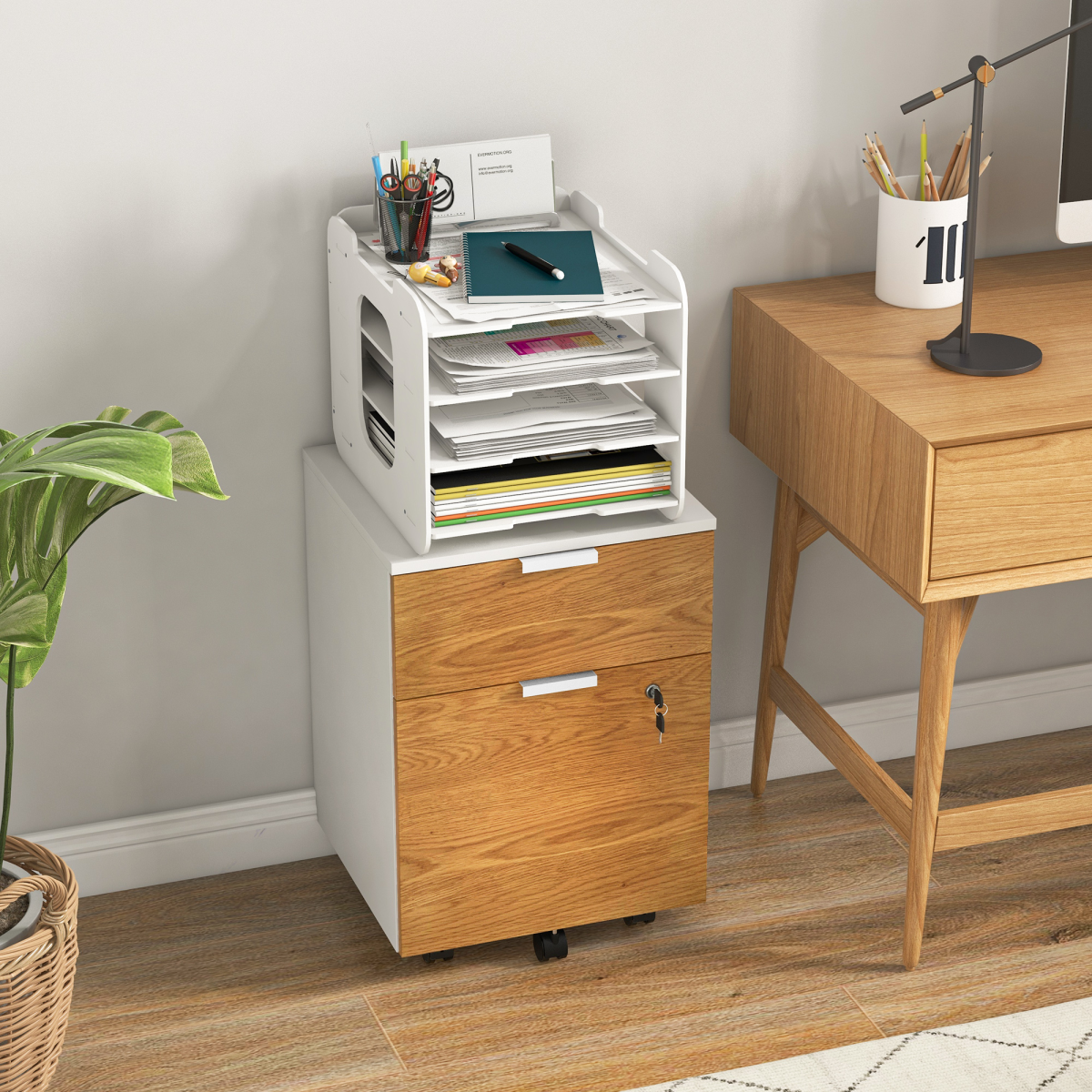 HOMCOM 2 Drawer Lockable Filing Cabinet with Adjustable Bar for A4 & Letter Files – Mobile Under-Desk Storage