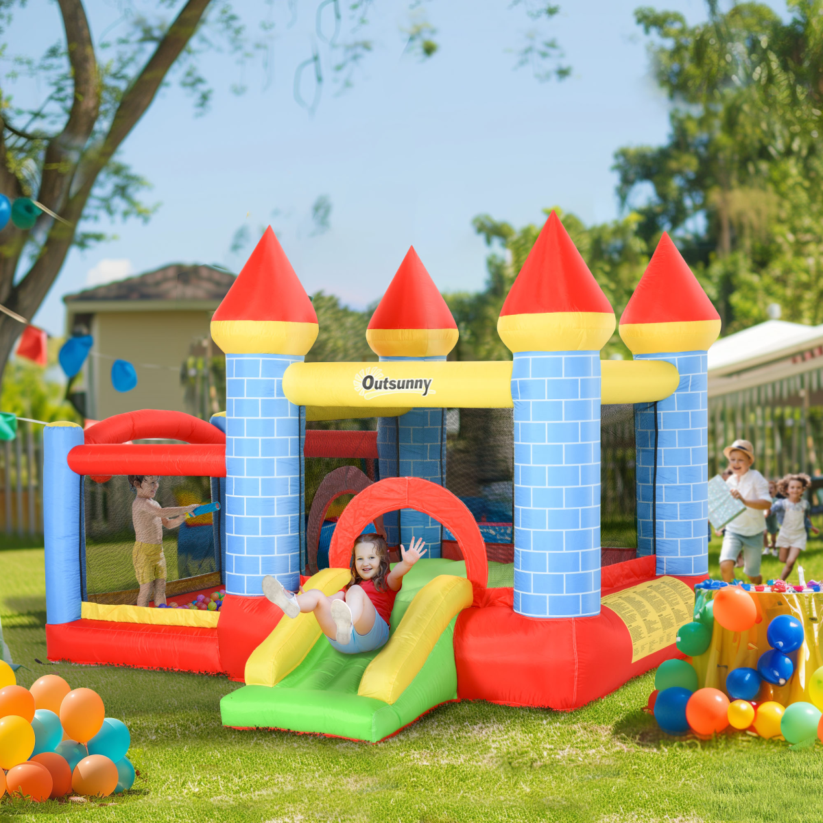 4-in-1 Bouncy Castle with Slide, Water Pool & Basketball Basket – Kids Garden Inflatable with Blower