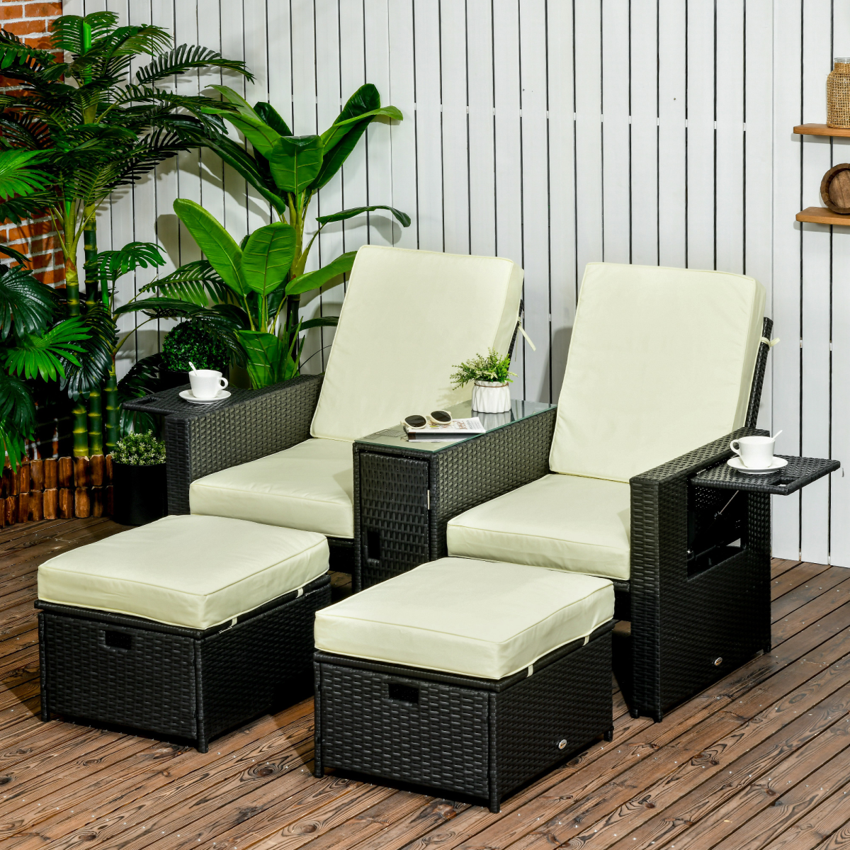 Outsunny 5-Level Adjustable Rattan Sun Lounger Set with Storage Footstools & Glass Side Table – Black