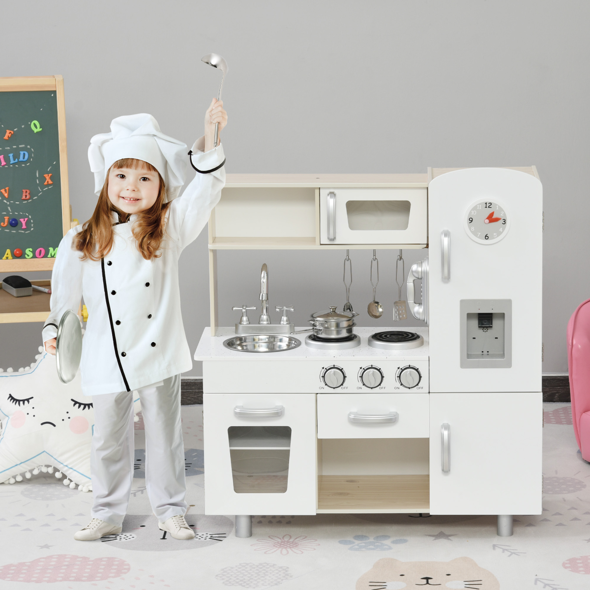 HOMCOM Luxury Kids Kitchen Playset with Accessories, Sink, Cooker & Water Dispenser – Role Play, White