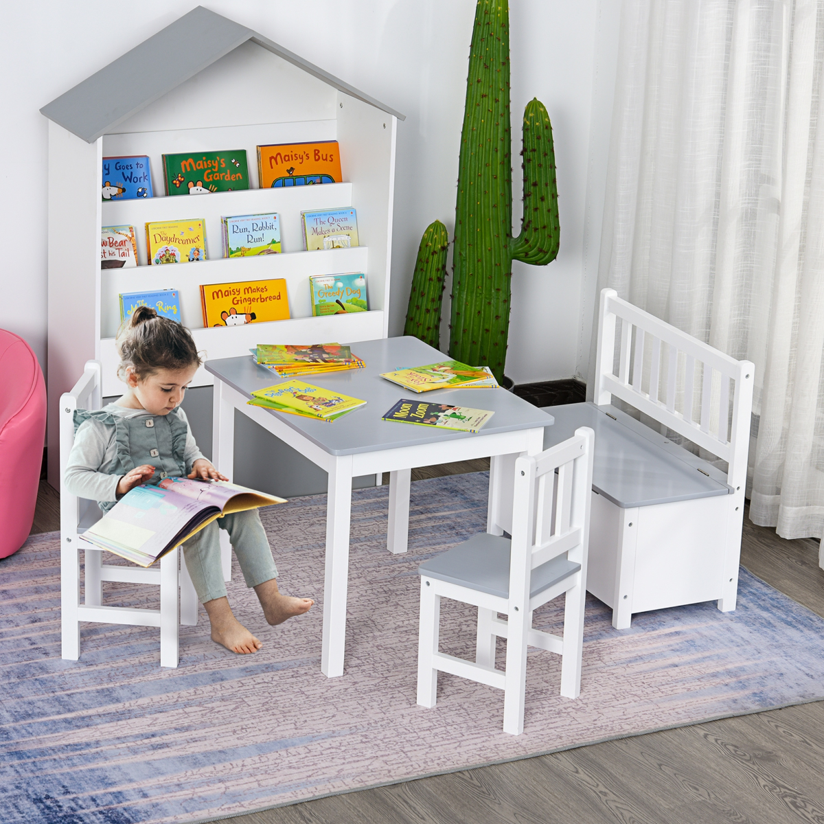 HOMCOM 4-Piece Kids Wooden Table, Chair and Storage Bench Set – Play and Study Furniture for 3+ Years