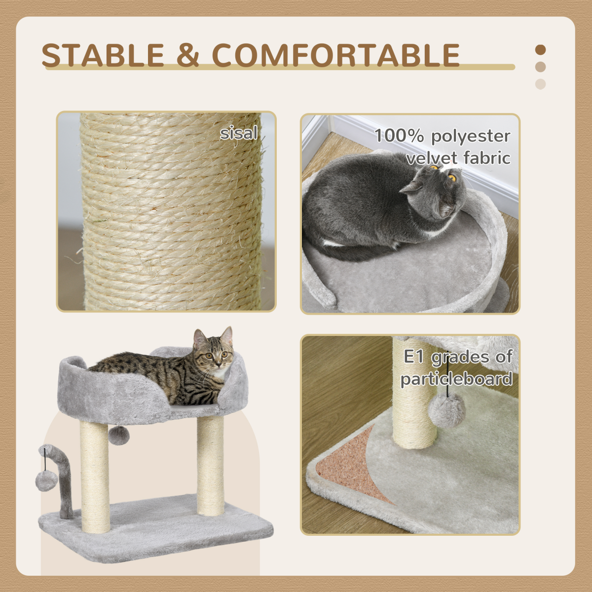 Plush Cat Tree with Sisal Scratching Post, Top Perch & Hanging Toy Balls – Compact Cat Tower, Light Grey