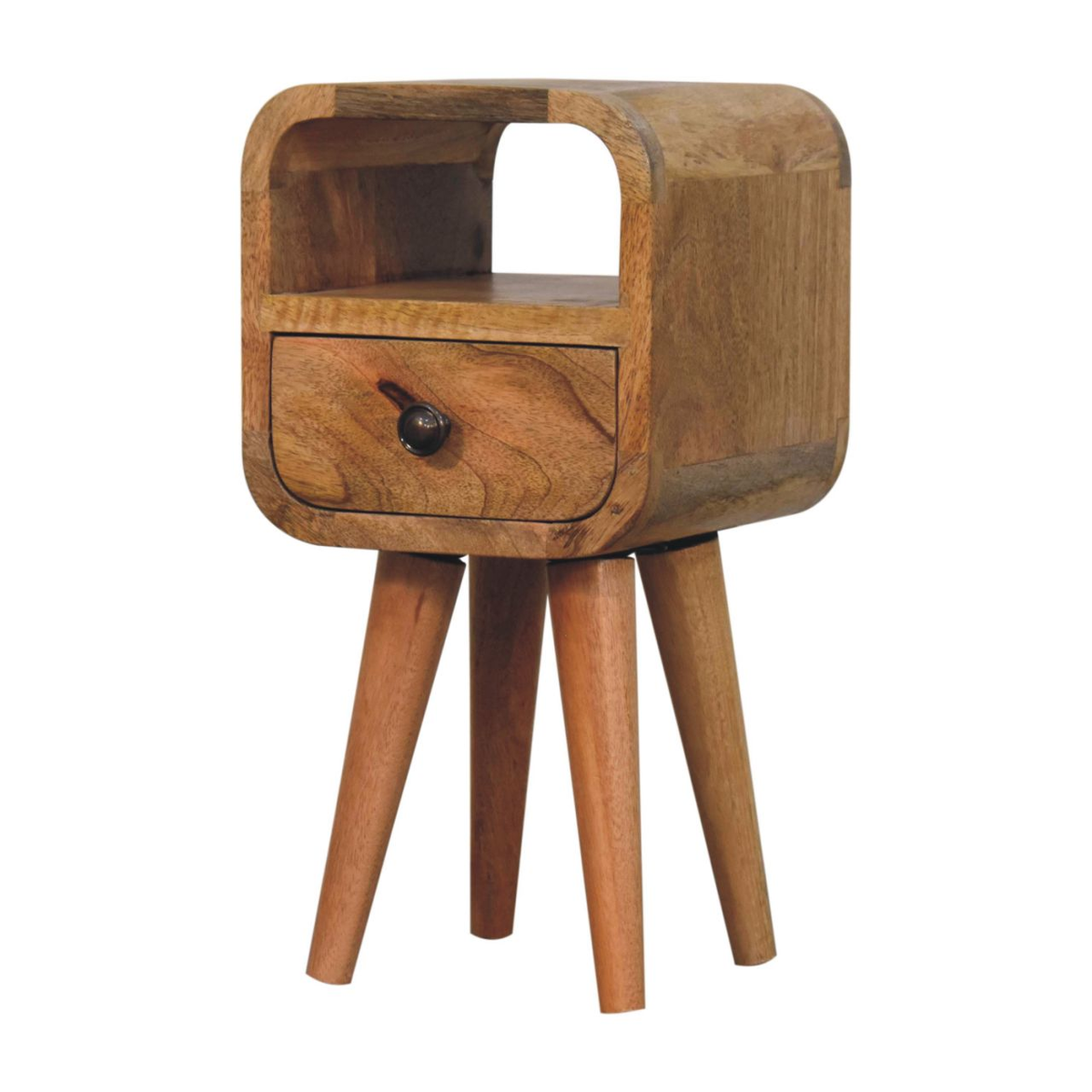 Artisan Furniture Solid Wood Extra Mini Curve Bedside Table, 1 Drawer and Open Slot – Compact Storage, Brown