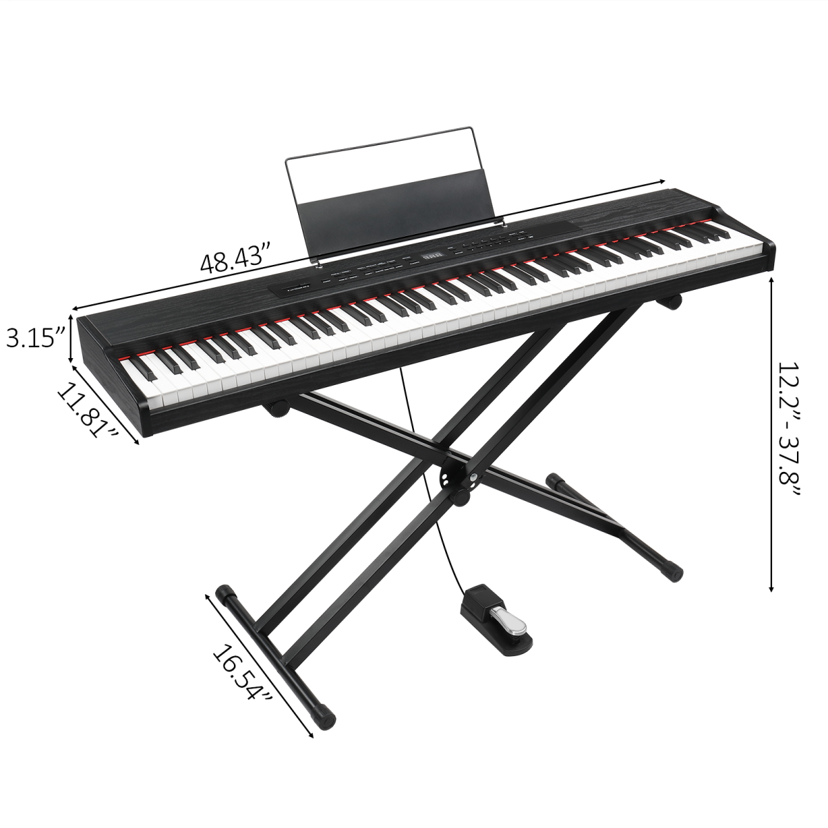GPPD01-203 88 Key Digital Piano with Metal Stand, Bluetooth MIDI and Triple Pedals – Beginner Keyboard, Black