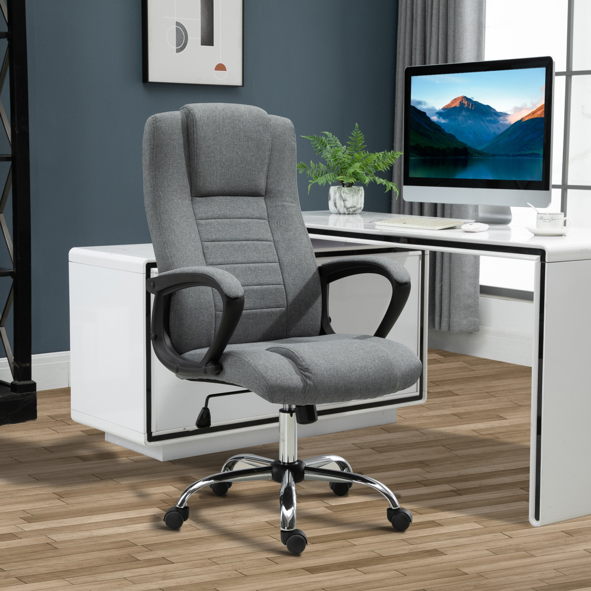 High Back Linen-Look Office Chair with Wide Seat & Rocking Function, Height Adjustable – Home Office Chair, Grey