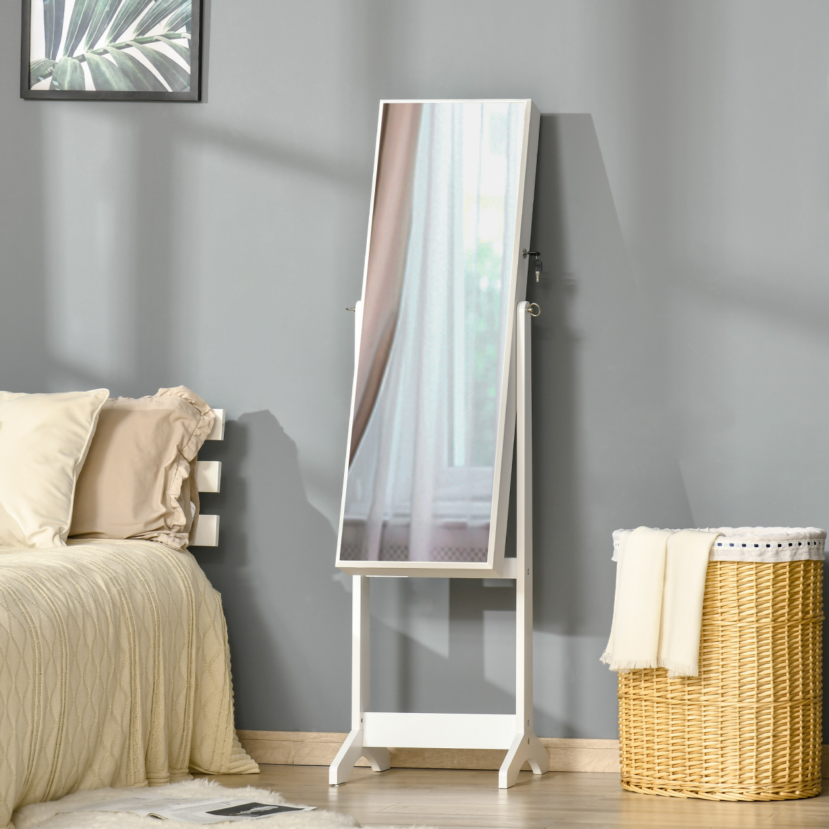 Lockable Mirrored Jewellery Cabinet with Adjustable Long Mirror, 4 Shelves & Necklace Hooks – White Armoire