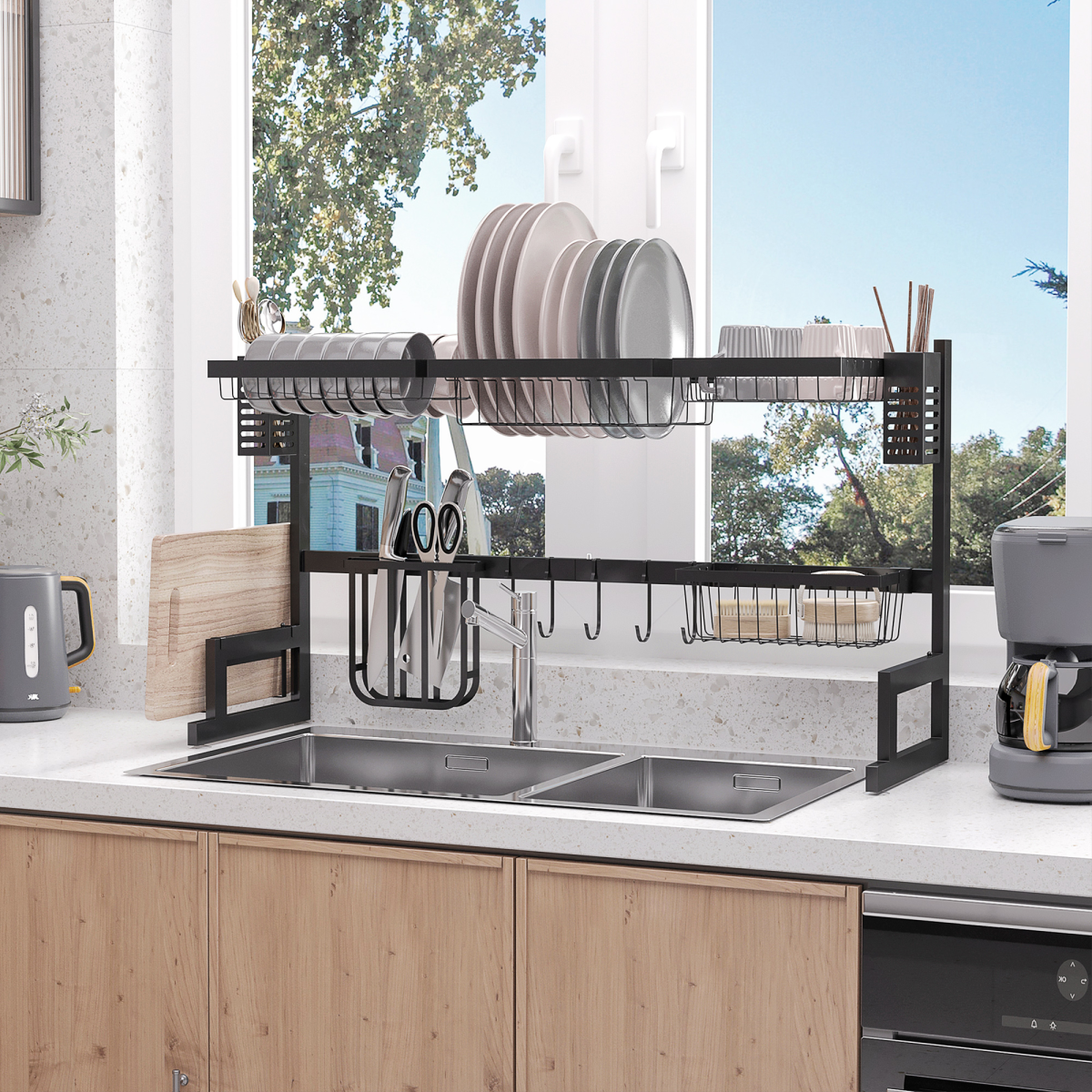 HOMCOM Over The Sink Dish Drainer Rack with Utensil Holders, Knife Holder & Hooks – 2-Tier Steel Rack, Black