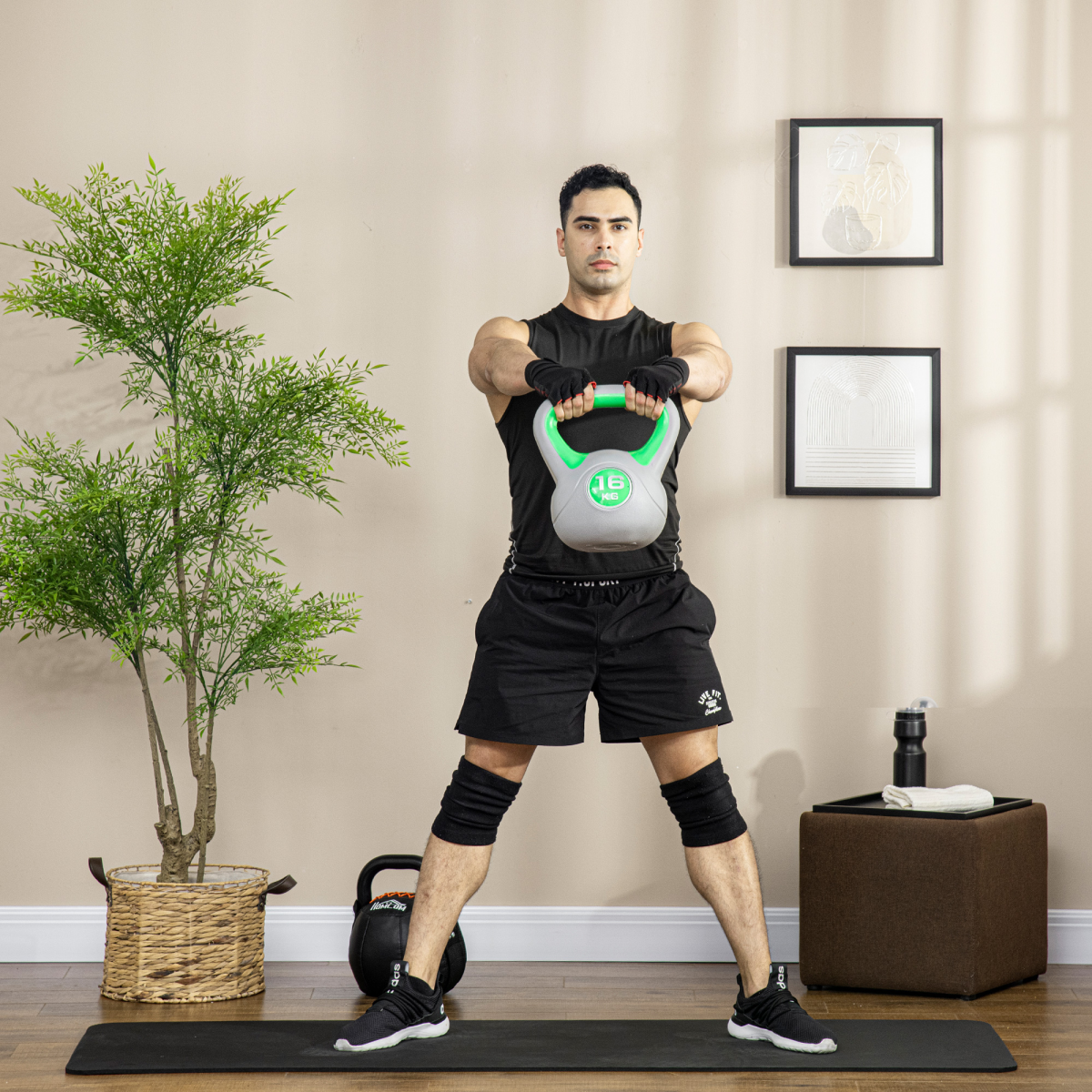 SPORTNOW 16kg Kettlebell with Wide Handle and Plastic Coating – Home Gym Strength Training Weight, Green and Grey