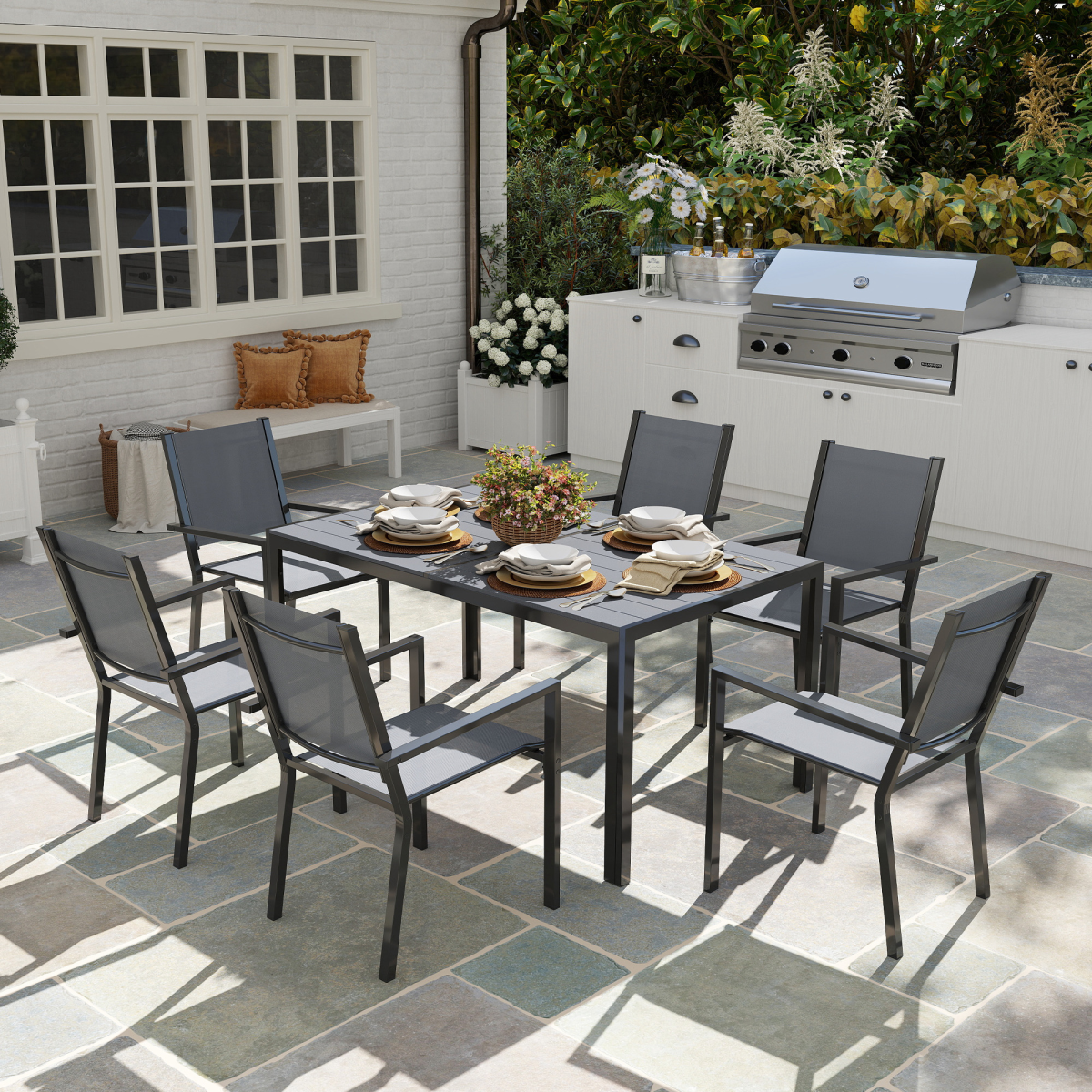 Outsunny 7 Piece Garden Dining Set with 150cm Table and 6 Stackable Chairs – Outdoor Balcony Furniture, Grey