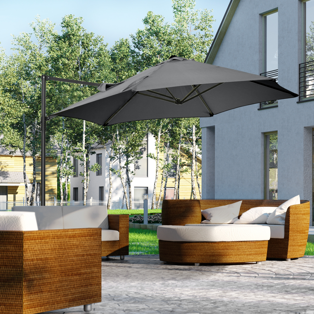 Outsunny 2.5M Garden Cantilever Parasol with 360° Rotation & Cross Base – Offset Patio Shade, Dark Grey