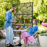 Outsunny 3-Panel Steel Leaf Garden Privacy Screen with Stand & Trellis – 6.5ft Decorative Space Divider, Black