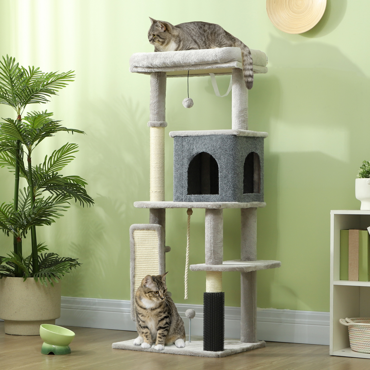 PawHut 132cm Cat Tree for Indoor Cats with Scratching Posts, Cat House, Bed & Anti-Tip Kit – Light Grey