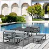 Outsunny 9-Piece Aluminium Patio Dining Set with Tempered Glass Table, 4 Chairs & 4 Ottomans – Garden Furniture, Dark Grey