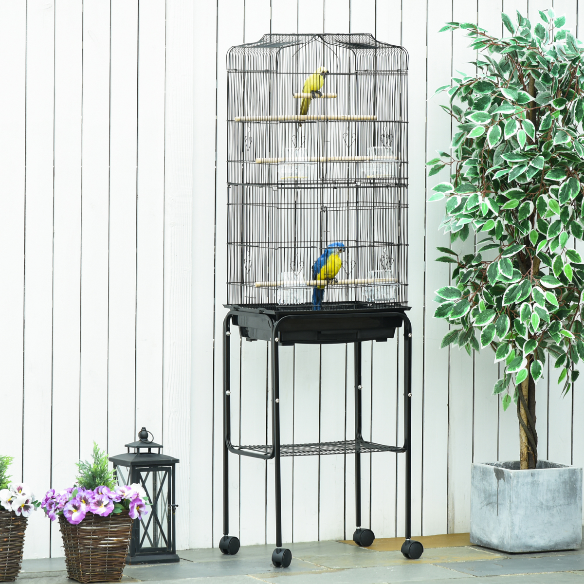Pawhut Metal Budgie Bird Cage with Rolling Stand, Slide-out Tray and Storage Basket – Small Bird Cage, Black