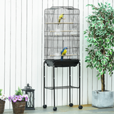 Pawhut Metal Budgie Bird Cage with Rolling Stand, Slide-out Tray and Storage Basket – Small Bird Cage, Black