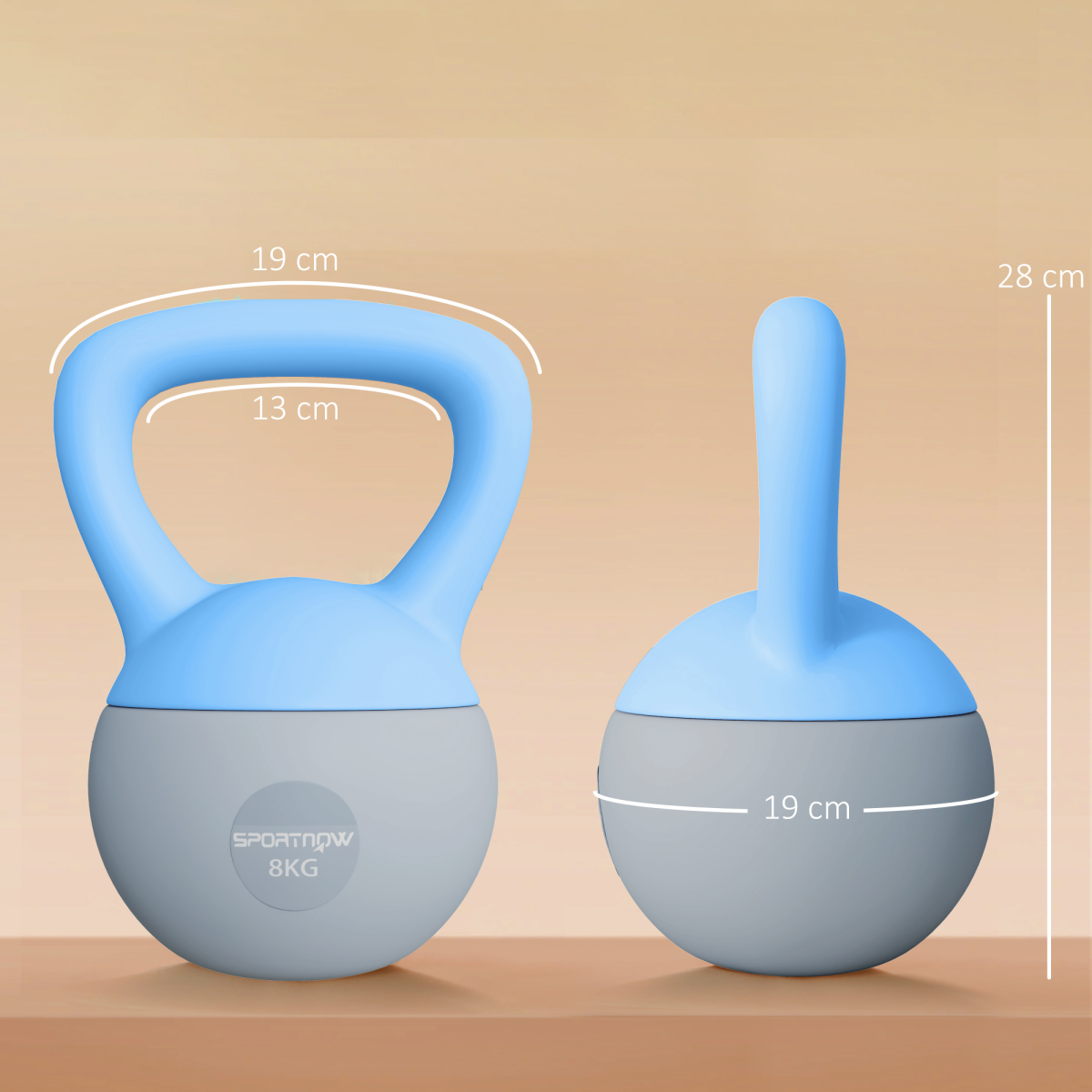 Soft Kettlebell with Wide Non-Slip Handle & Flat Base – 8kg Home Gym Weight, Light Blue and Grey