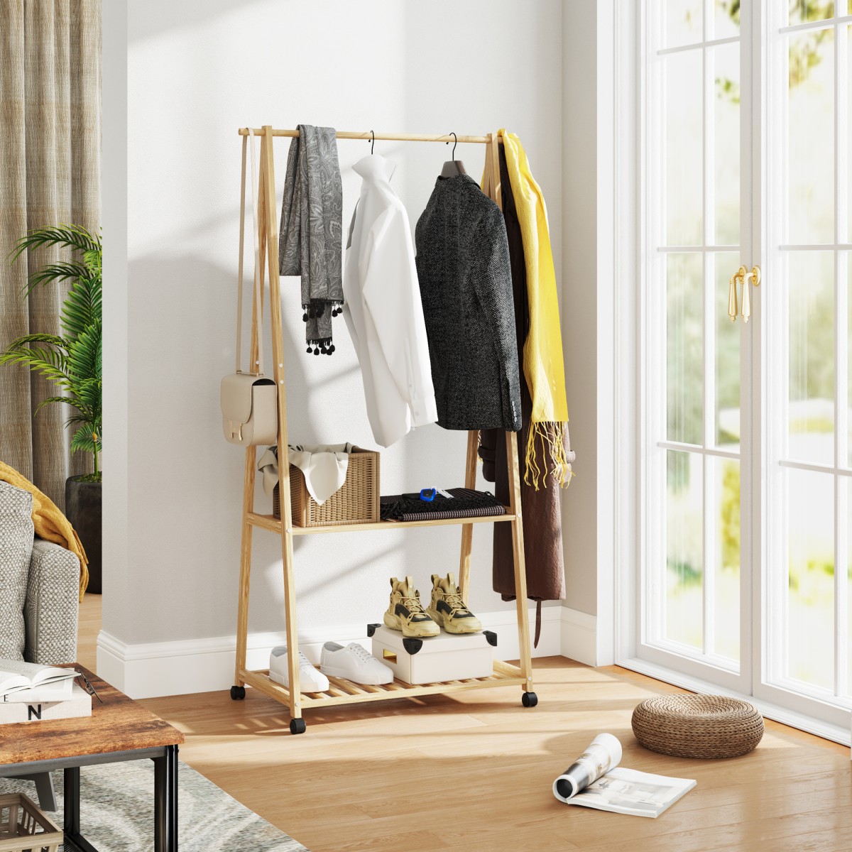 HOMCOM Bamboo Clothes Rail Rack with 2 Storage Shelves and Wheels – Compact Wardrobe, Natural Wood Effect