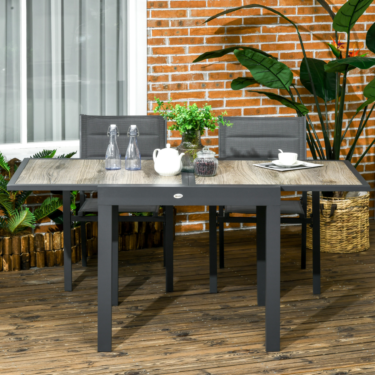 Outsunny Extendable Outdoor Dining Table with Aluminium Frame – 6-Seater Patio Table, Wood-Effect Top