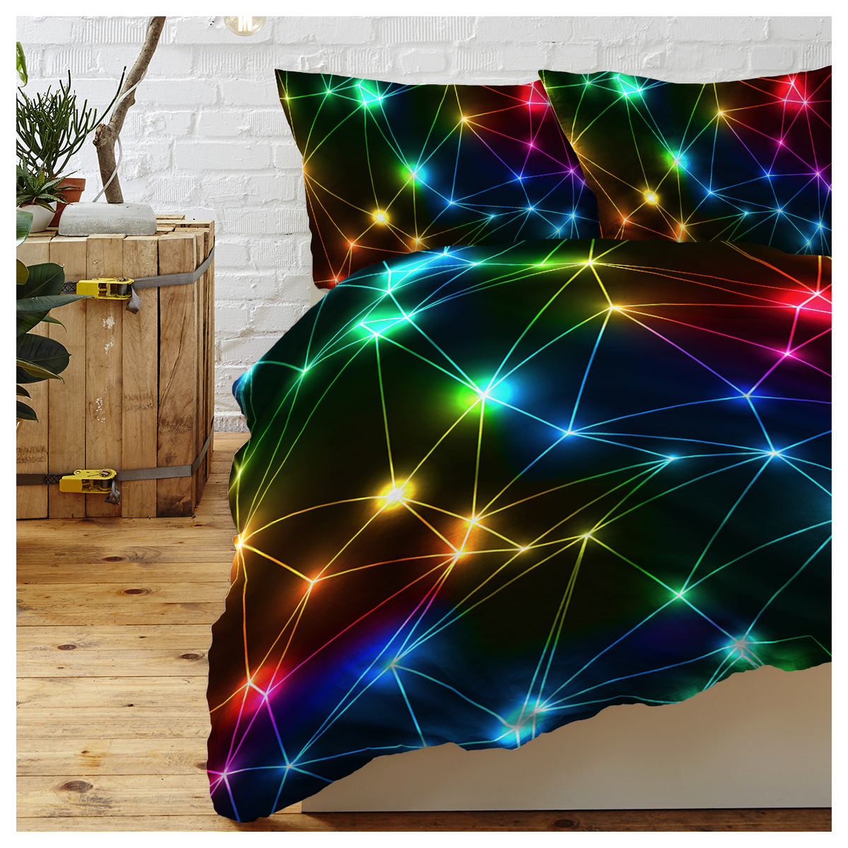Retro Neon Triangle Duvet Cover Set with 2 Pillow Shams – Rainbow Laser Pattern Single Bedding