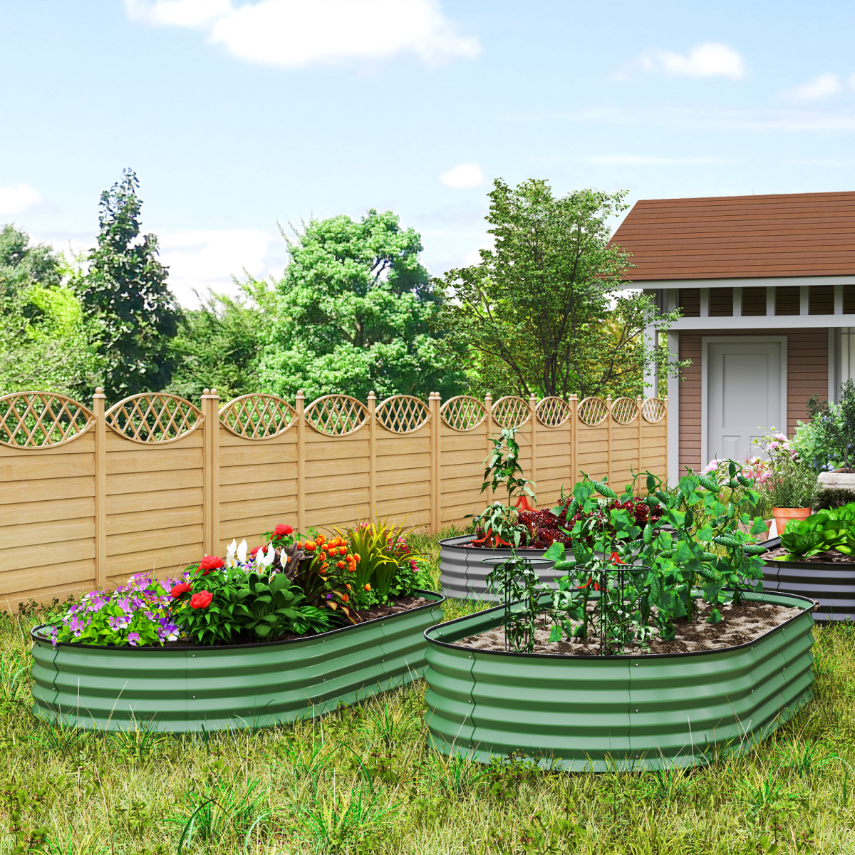 Outsunny Set of 2 Galvanised Steel Raised Garden Planters with Rubber Seal Tops & Open Bottom, Green