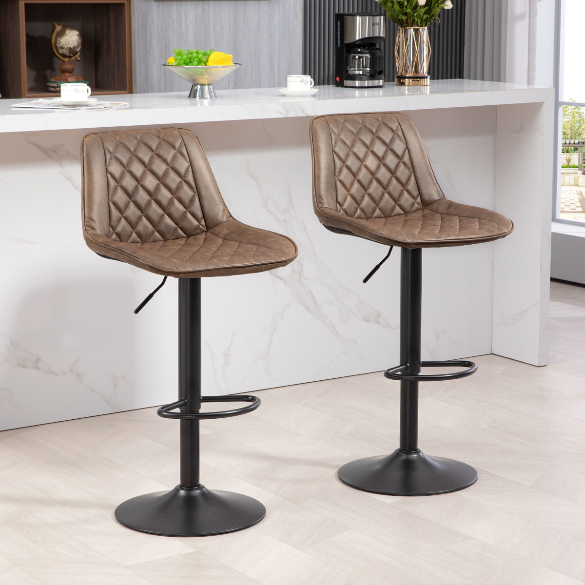 HOMCOM Set of 2 Adjustable 360° Swivel Bar Chairs with Backrest & Footrest – Kitchen Island Seating, Brown