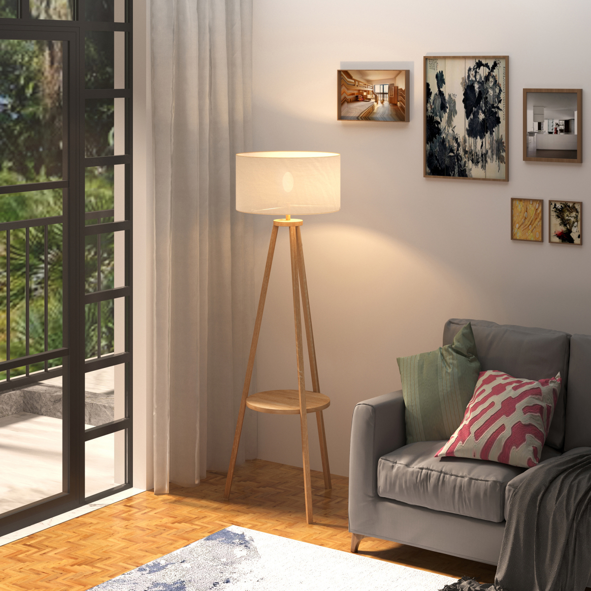 HOMCOM Wooden Tripod Floor Lamp with Cream Linen Shade, 154cm – Scandi-Style Lighting