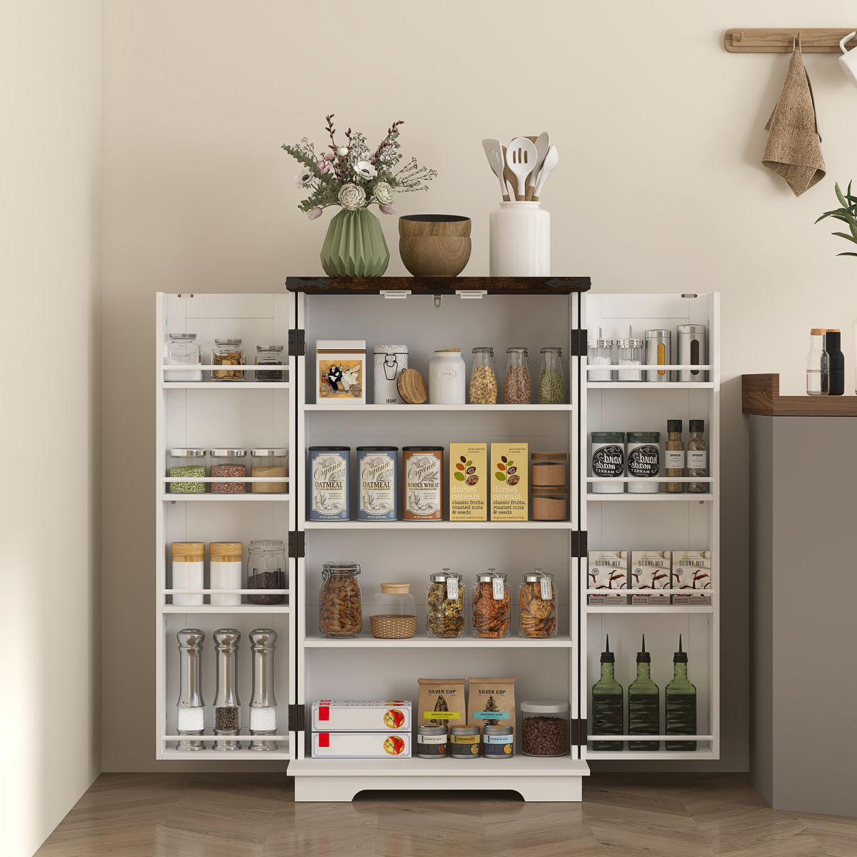 HOMCOM Farmhouse Storage Cabinet with Adjustable Shelves – Versatile Storage for Kitchen, Living Room & Hallway
