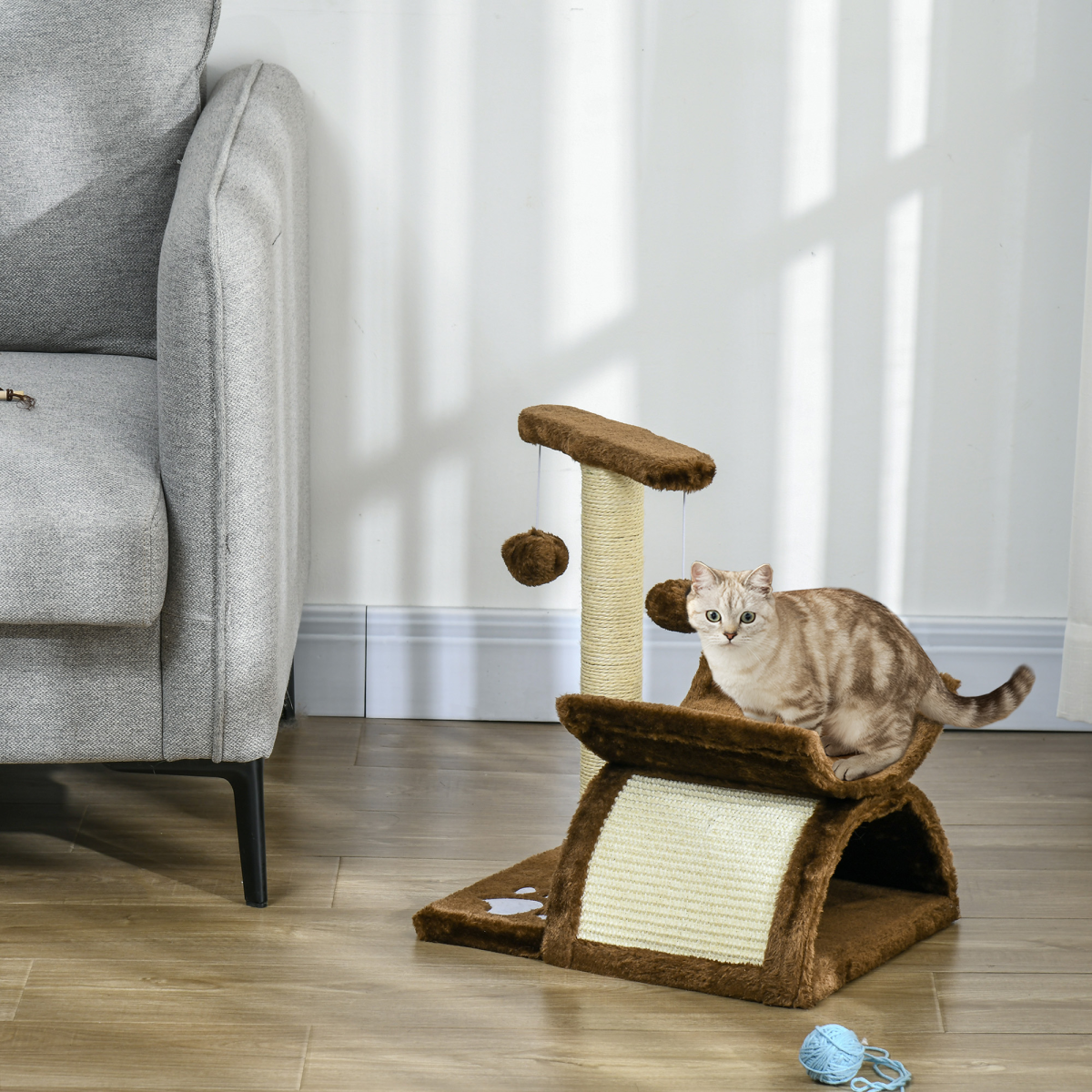 PAWHUT Cat Tree with Sisal Scratching Bridge, Tunnel and Dangling Balls – Plush Kitty Activity Centre for Indoor Cats