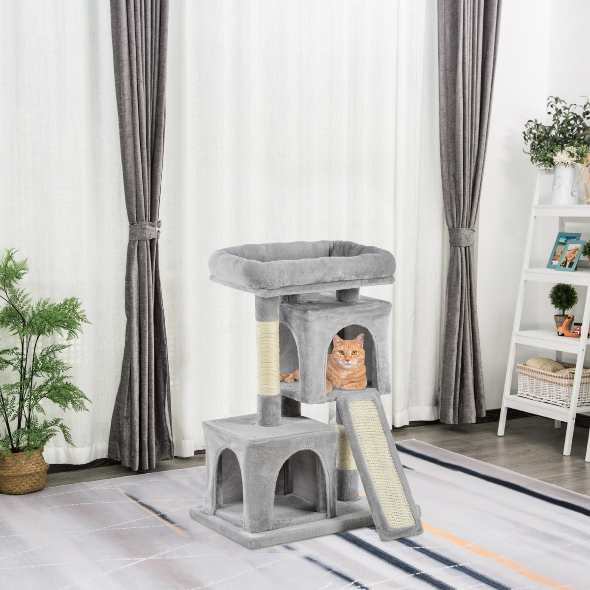 Pawhut Cat Activity Tree with 2 Houses, Sisal Scratching Posts & Cushioned Top Perch – Plush, Grey