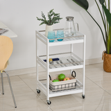 HOMCOM Pine Wood 3-Tier Kitchen Trolley with Four Wheels & Steel Handle – Storage Serving Cart, White