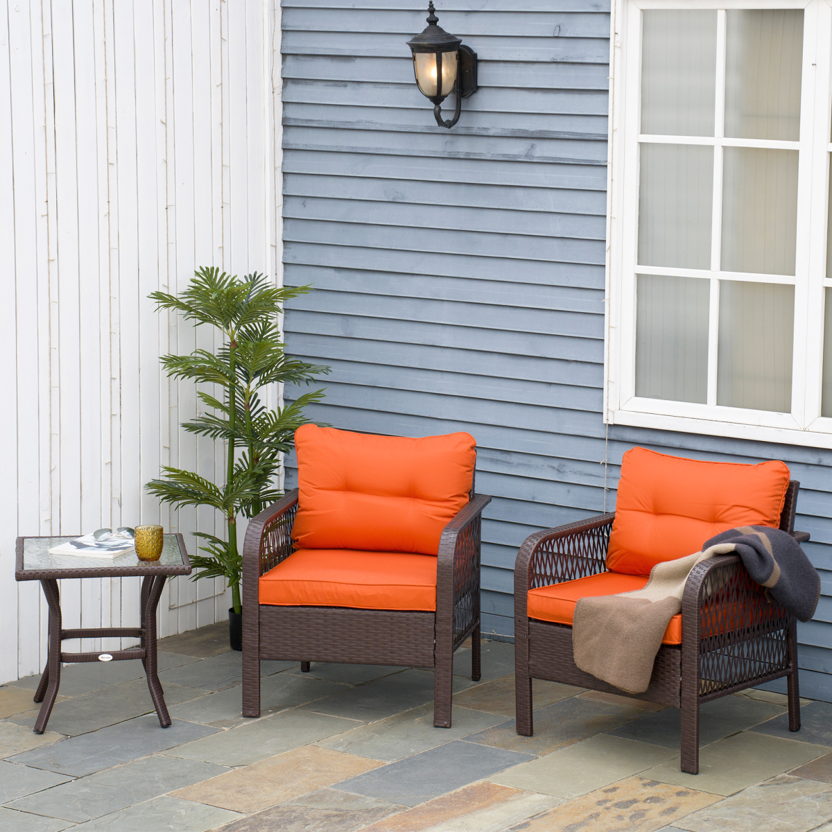 Outsunny 3-Piece Rattan Bistro Set with Tempered Glass Table & Padded Cushions – Patio Garden Furniture, Orange