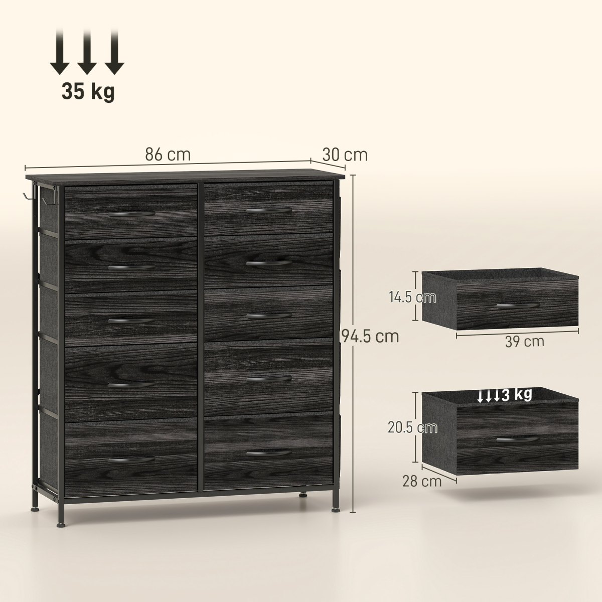 4-Drawer Fabric Chest of Drawers with Steel Frame, Side Pockets & Hooks – Bedroom Storage, Beige & White