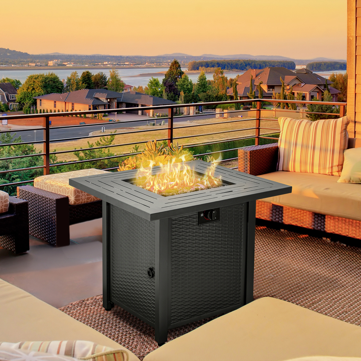Outsunny Square Rattan Propane Gas Fire Pit Table with Lava Rocks & Lid – 40,000 BTU Patio Heater