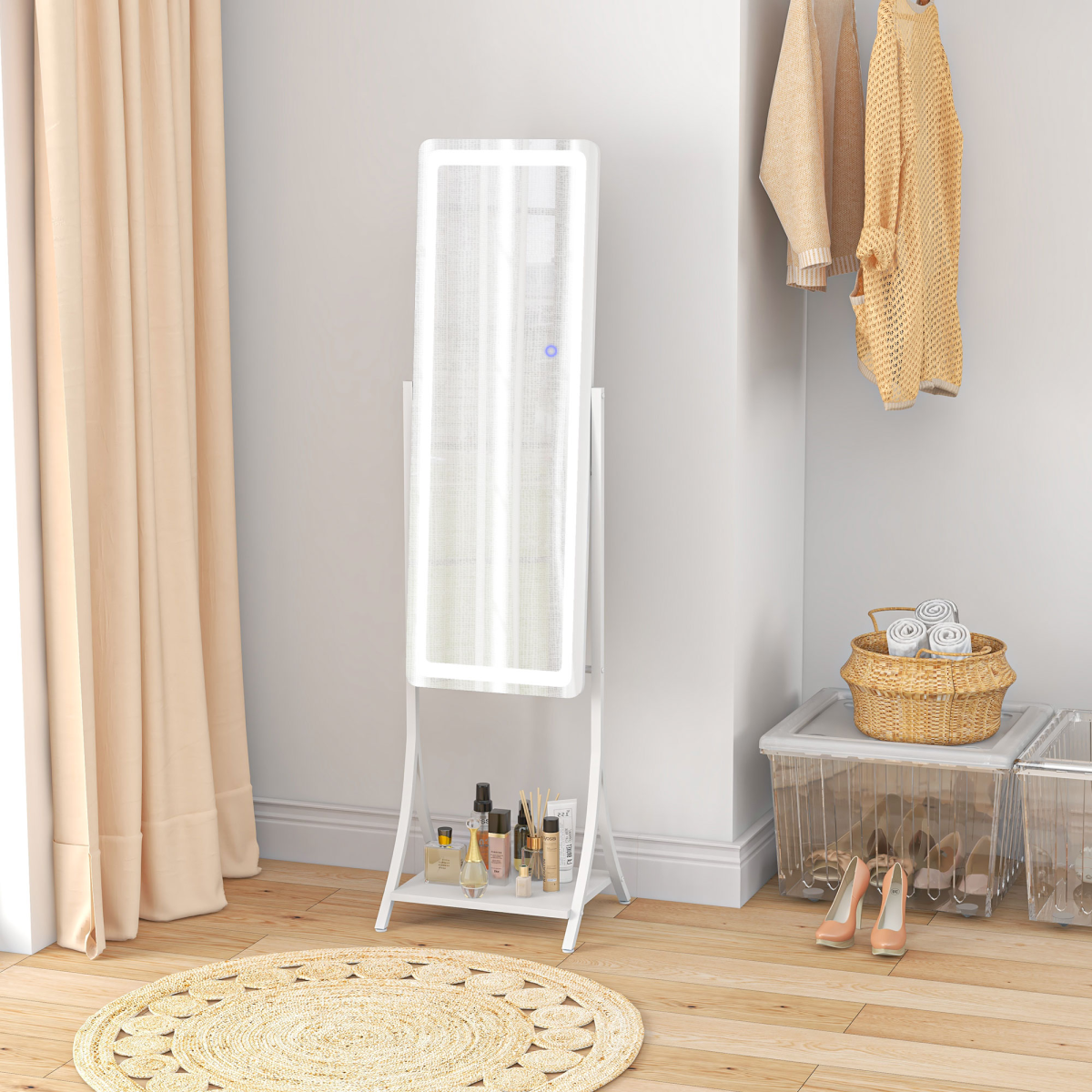HOMCOM LED Full Length Floor Mirror with Storage Shelf, 3 Light Colours & Adjustable Tilt – Dressing Mirror