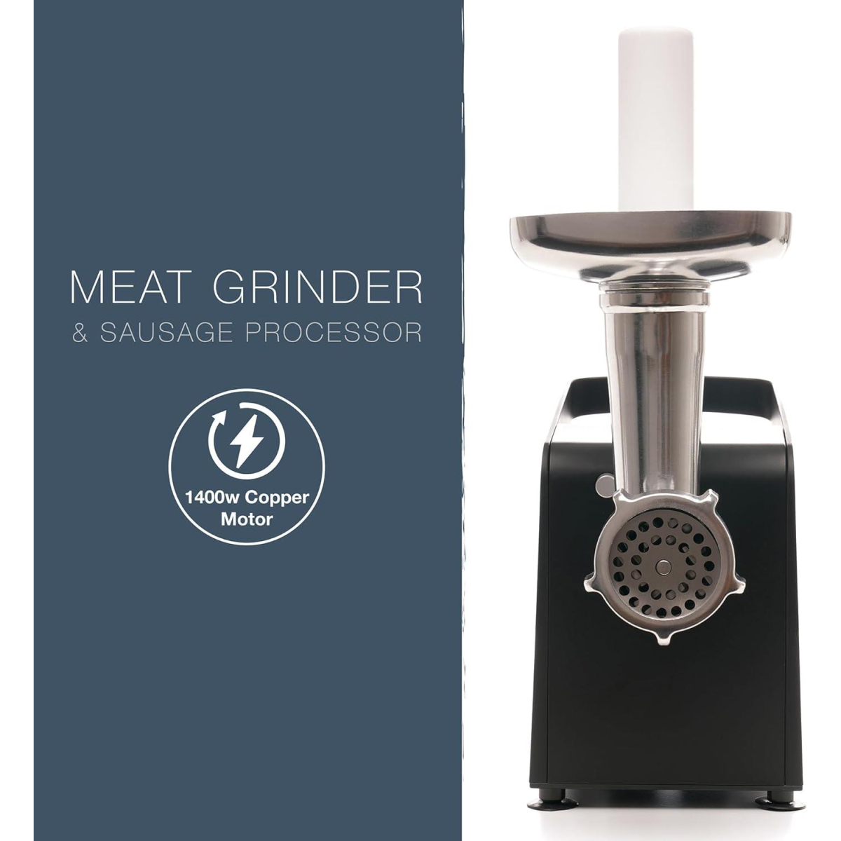 KitchenPerfected 1400W Meat Grinder with 3 Cutting Discs & Sausage Piping – Stainless Steel Cabinet